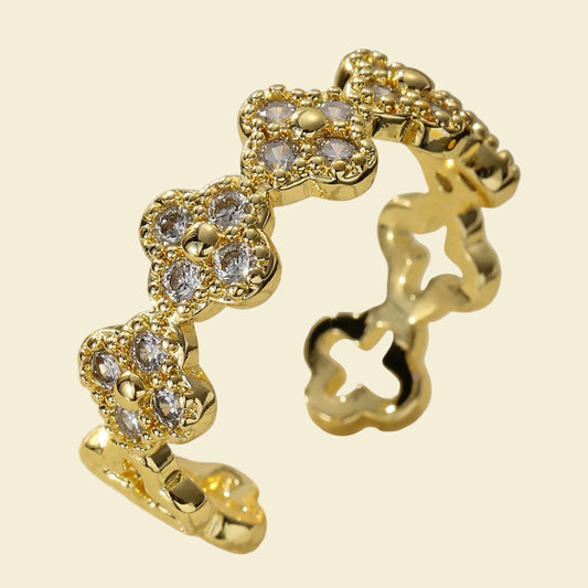 Crystal Clover Adjustable Ring - Gold