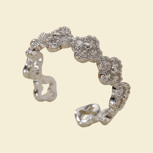 Crystal Clover Adjustable Ring - Silver